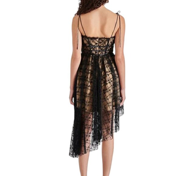 Steve Madden Black Lace Hi-Low Midi Dress with Nude Lining XS NWT Retail $129 - Picture 2 of 16